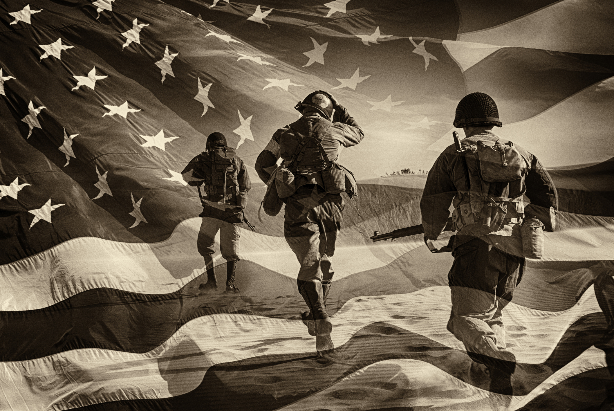 Three Active Duty American Soldiers Running Through a horizontal image of a field of stars and stripes. Battle ready and running. Sepia Toned. Grain. Composite Image.